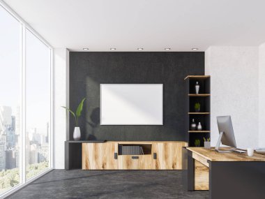 Gri duvarlar office çalışma alanı ile çatı windows, bir bilgisayar ve çekmeceli ahşap bir dizi ile ahşap bir masa. Yatay bir afiş ve bir kitaplık. 3D render alay