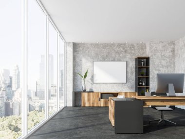 Beton duvarlar office çalışma alanı ile çatı windows, bir bilgisayar ve çekmeceli ahşap bir dizi ile ahşap bir masa. Yatay bir afiş ve bir kitaplık. 3D render alay