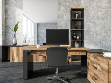 Beton duvarlar Ofis İşyeri ile köşe loft windows, ahşap bir masa ve bir kitaplık bir bilgisayarla. Bir ön görünüm 3d render alay