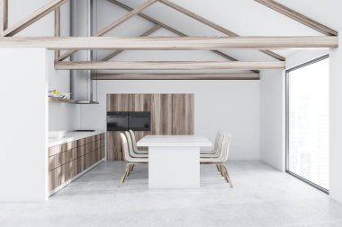 Beyaz duvarlar ve zemin, panoramik pencerelere ve ahşap mutfak tezgahı ile tavan arası mutfak iç. 3D render alay