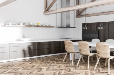 Beyaz duvarları, bir ahşap zemin, sandalye ve koyu ahşap mutfak tezgahı ile bir tablo ile bir tavan mutfak iç köşesinde. 3D render alay