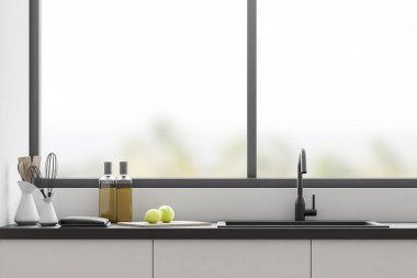 Beyaz mutfak tezgahı ile aletleri tropik manzaralı bir penceresi altında inşa. Yakın çekim. İç Tasarım kavramı. 3D render alay