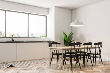 Modern yemek odası ve mutfak köşe beyaz duvarları, büyük bir pencere, ahşap zemin ve siyah sandalye ile bir tablo ile. 3D render