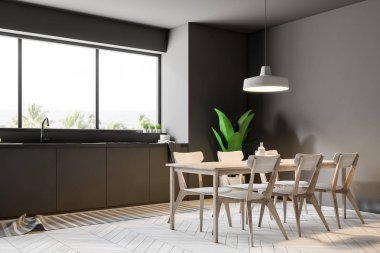 Modern yemek odası ve mutfak köşesi Gri duvarlar, büyük bir pencere, ahşap zemin ve beyaz sandalye ile bir tablo. 3D render