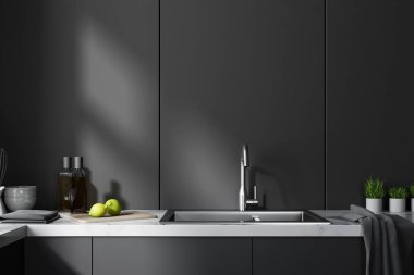 Siyah mutfak tezgahı ile aletleri siyah duvarının yakınında inşa. Yakın çekim. İç Tasarım kavramı. 3D render alay