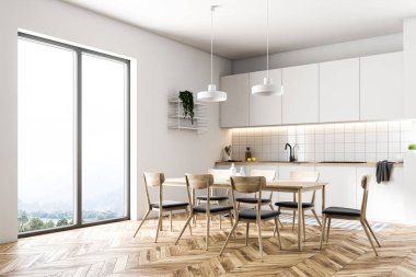 Fransız pencere mutfak köşe beyaz duvarlar, ahşap zemin, sandalye ve beyaz mutfak tezgahı içeren bir tablo. 3D render