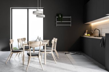 Fransız pencere mutfak siyah duvarlı, beton zemin, sandalye ve siyah mutfak tezgahı içeren bir tablo. Yan görünümü 3d render