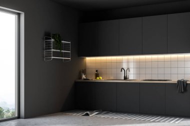 Lüks mutfak iç döşeli duvarlar, beton zemin ve siyah mutfak tezgahı bir dizi ile. Yan görünümü 3d render