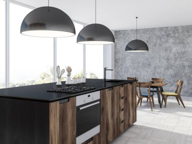 Panoramic kitchen interior with a white wooden floor, a table with chairs, wooden and black counters and black ceiling lamps. 3d rendering clipart