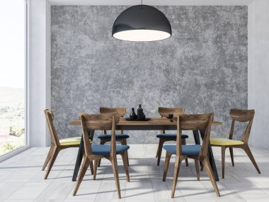 Beton duvarlar, beyaz bir ahşap zemin ve ahşap bir masa sandalye ile panoramik yemek odası iç. 3D render alay