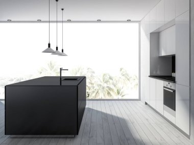 Beyaz ahşap zemin, beyaz ve siyah banko ve şık tavan lambaları ile bir panoramik mutfak iç yan görünüm. 3D render