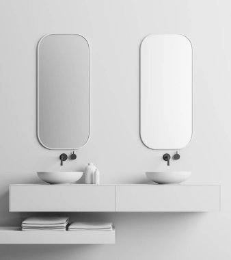 Beyaz bir rafta duran iki şık banyo lavabo. Onları asılı iki dikey aynalar. Beyaz duvar banyo iç. Up 3D render kapatın