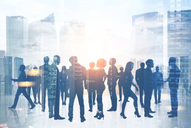 Siluetleri iletişim iş adamları bir çerçevede bir modern şehir. Kurumsal yaşamı kavramı. Çift tonlu görüntü pozlaması