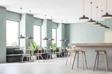 Gri yeşil duvarlar, büyük pencereler, bir beton zemin ve kanepeler ile kare tablolar ile modern restoran köşe. Dışkı olan çubuk. 3D render alay