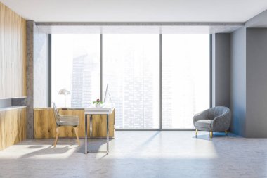 Ahşap ve beton ofis çalışma alanı ile bir beton zemin ve bilgisayar masası. Duvarın yanında çekmeceli ahşap bir dizi. Yan görünümü. 3D render alay