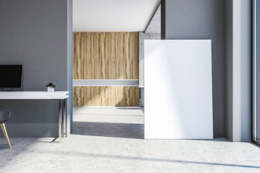 Ahşap ve gri ofis çalışma alanı bir beton zemin ve bir bilgisayar masası ile önden görünümü. Dikey afiş yere kadar sahte. 3D render