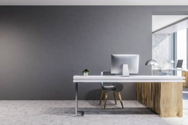 Ahşap ve gri ofis çalışma alanı bir beton zemin ve bir bilgisayar masası ile önden görünümü. Sahte duvar. 3D render