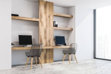 Beyaz duvar ev ofisi veya küçük işletme sahibi çalışma alanını bir beton zemin ve iki ahşap Bilgisayar masaları ile düzgün bir odada. Raflar ile ağıl. Yan görünümü 3d render