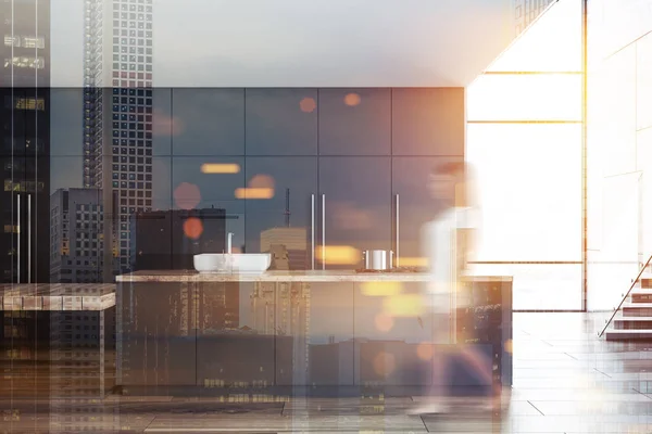 Modern Kitchen Interior Gray Countertops Cupboards Wooden Floor Woman Walking — Stock Photo, Image
