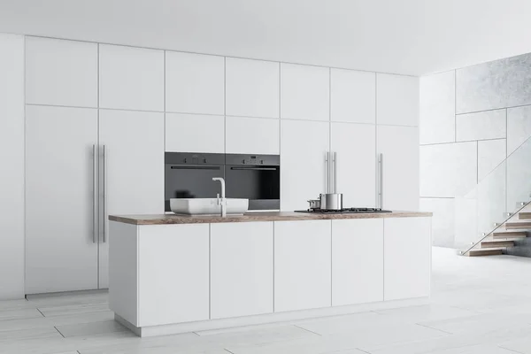 Modern Kitchen Corner White Countertops Cupboards Concrete Floor Staircase Rendering — Stock Photo, Image