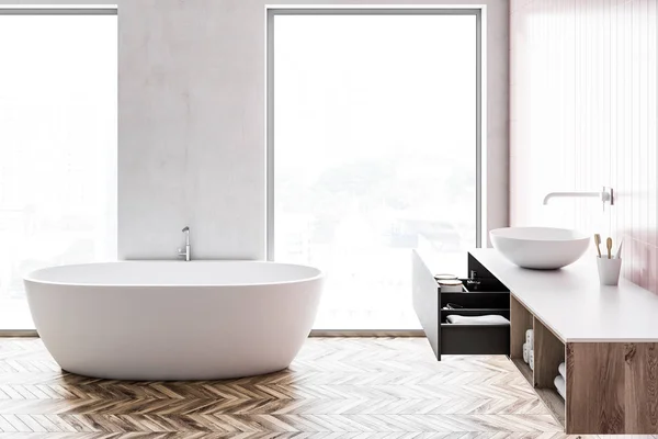 Loft Bathroom Interior White Walls Wooden Floor White Bathtub Sink — Stock Photo, Image