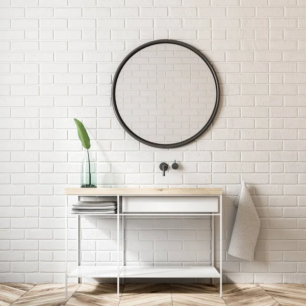 白色砖浴室内饰与一个时髦的水槽 站在架子上的植物 一只圆镜子 渲染模拟 — 图库照片
