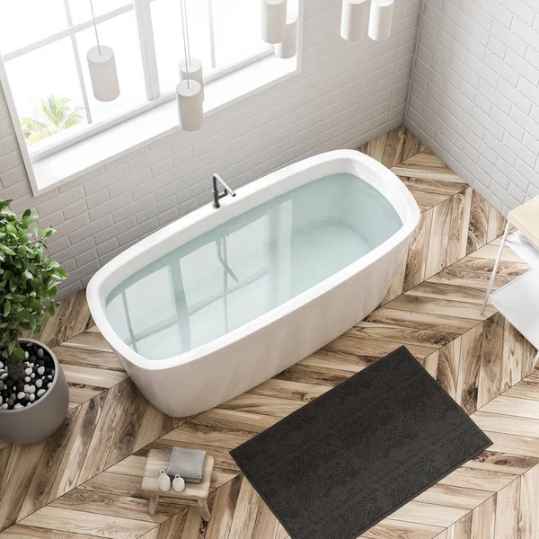 Top View White Bathtub Standing Wooden Floor White Wall Room — Stock Photo, Image