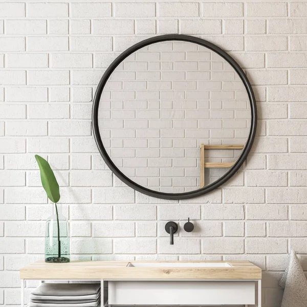 白色砖浴室内饰与一个时髦的水槽 站在架子上的植物 一只圆镜子 关闭3D 渲染模拟 — 图库照片