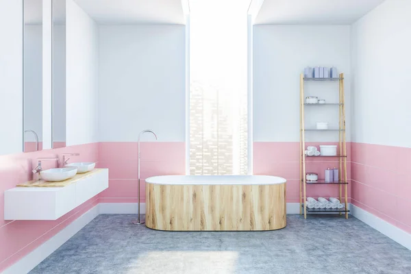 Moderno Cuarto Baño Interior Con Paredes Blancas Rosadas Suelo Hormigón — Foto de Stock