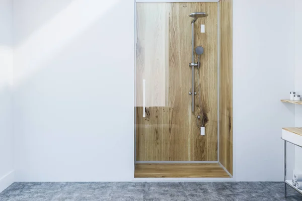 Ducha Madera Con Puerta Cristal Interior Baño Minimalista Con Paredes — Foto de Stock