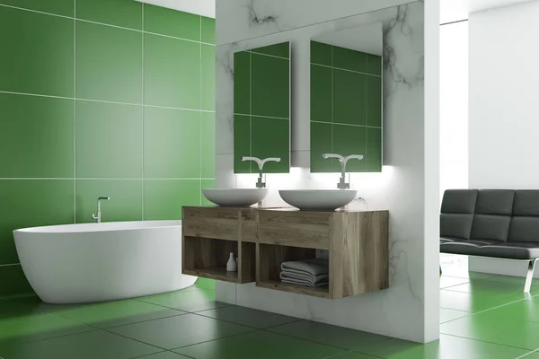 Interior Del Baño Azulejos Verdes Con Una Bañera Blanca Lavabo — Foto de Stock