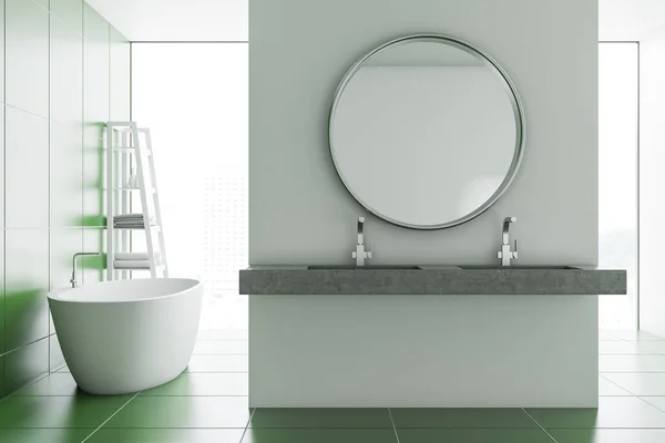 Mirror Hanging Double Sink Modern Bathroom White Green Tile Walls — Stock Photo, Image