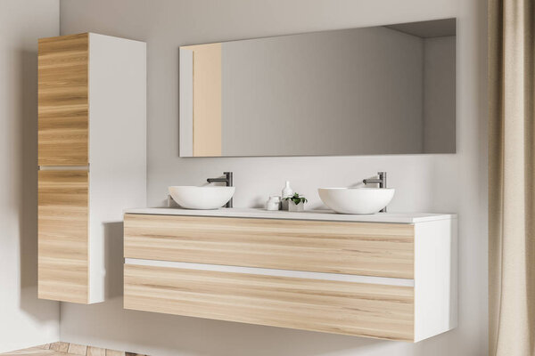 Side view of two bathroom sinks standing on a wooden shelf in a white wall bathroom with a wooden floor. A closet in the corner. 3d rendering mock up