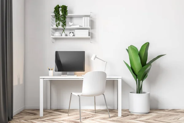 White wall home office work space in a neat room with a wooden floor and a white computer desk. Shelves and a potted plant. 3d rendering mock up