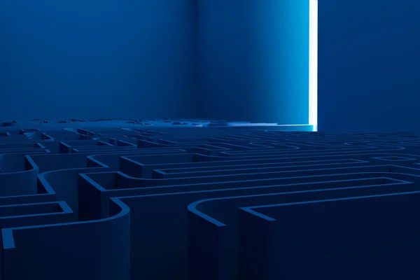 蓝色墙壁迷宫与光芒在末端 在商业和生活中选择和挑战的概念 渲染模拟 — 图库照片