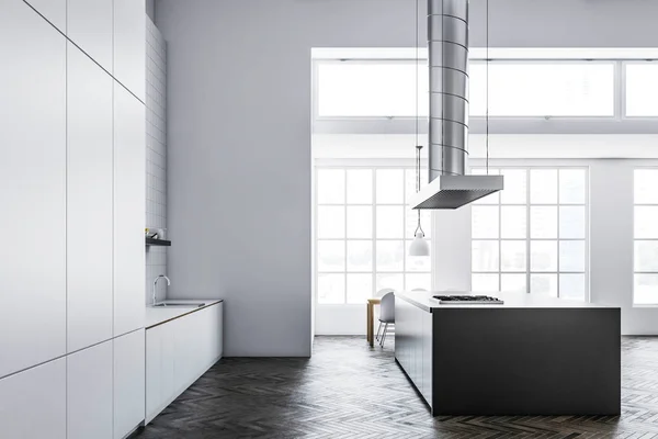 White Pantel Kitchen Interior Wooden Floor Gray White Countertops Table — Stock Photo, Image