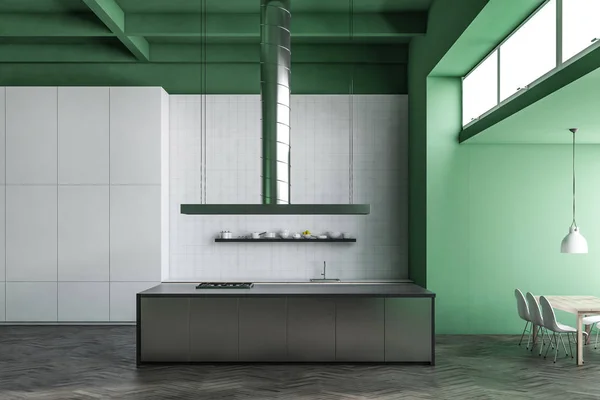 灰色のカウンター トップ 白と緑の壁とコンクリートの床と産業スタイル キッチン インテリア レンダリングをモックアップします — ストック写真
