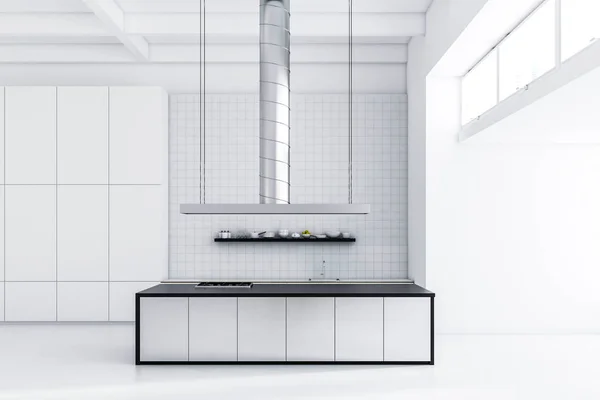 Minimalistyczna Kuchnia Wnętrz Białe Ściany Szare Białe Blaty Białej Podłogi — Zdjęcie stockowe