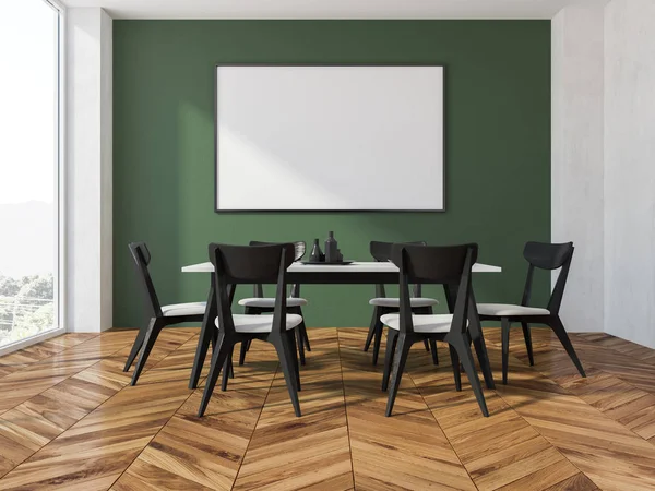 Panorama Speisesaal Mit Grünen Wänden Holzboden Holztisch Und Weißen Stühlen — Stockfoto