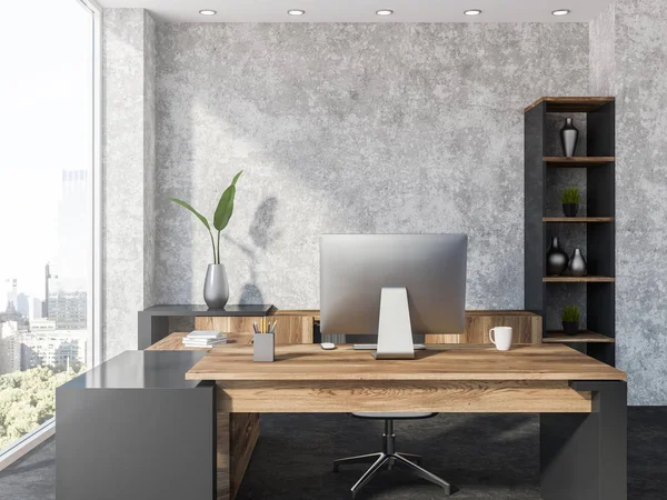 Betongväggar Office Arbetsplatsen Interiör Med Loft Windows Ett Träbord Med — Stockfoto