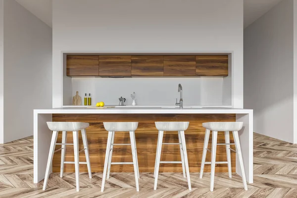 Kayu Dan Bar Dapur Putih Dengan Bangku Putih Berdiri Dapur — Stok Foto