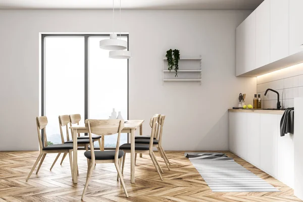 Francouzské Okno Kuchyně Bílými Zdmi Dřevěná Podlaha Stůl Židlemi Bílé — Stock fotografie