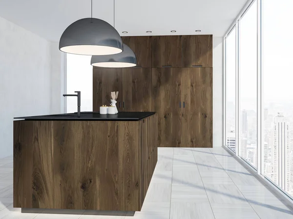 Intérieur Cuisine Panoramique Avec Plancher Bois Blanc Comptoirs Bois Noir — Photo