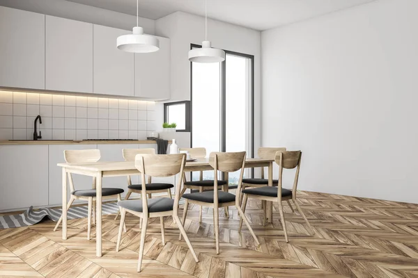白い壁 木の床 椅子や白いカウンターとテーブル付きのフランス窓キッチンの側面図です レンダリング — ストック写真