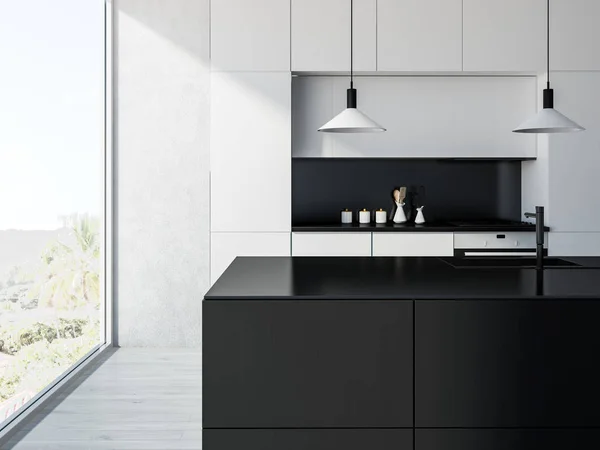 Interior Cocina Panorámica Con Suelo Madera Blanco Mostradores Blancos Negros — Foto de Stock