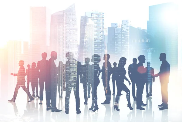 Silhouettes Business People Communicating Foggy City Background Concept Corporate Life — Stock Photo, Image