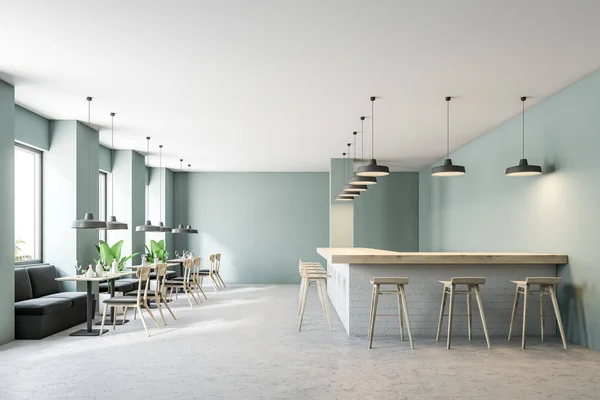 Modernes Restaurant Interieur Mit Grauen Grünen Wänden Großen Fenstern Betonboden — Stockfoto
