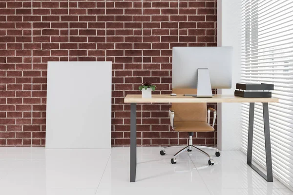 Brick Scandinavian Style Office Workplace Tiled Floor Computer Table Rendering — Stock Photo, Image