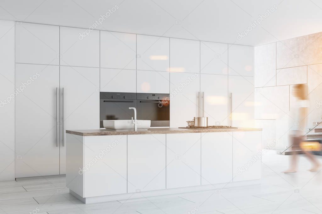 Modern kitchen corner with white countertops and cupboards, and a concrete floor. A woman walking. 3d rendering mock up toned image double exposure blurred