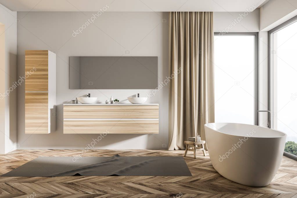 Loft bathroom interior with a double sink on a wooden shelf, a white bathtub, a closet and beige curtains. 3d rendering mock up